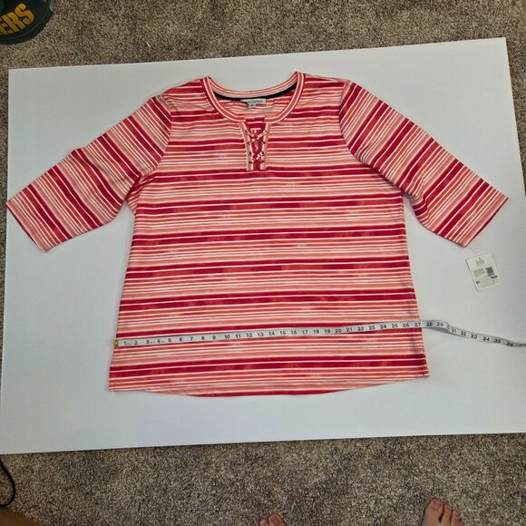 NWT Emily Daniels 3/4 Sleeve Lace-Up Neck Top, 2XL, Peach/Red/Pink/White Stripes - Picture 8 of 11